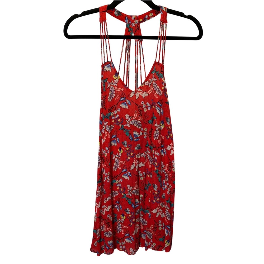 En Creme Floral Mini Dress Women Medium Red Strappy Boho Festival Beach Tropical